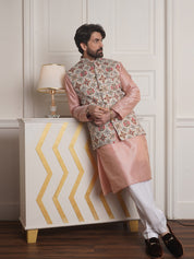 Men's Silk Blend Pink Kurta and Off-White Pyjama With Cream Nehru Jacket