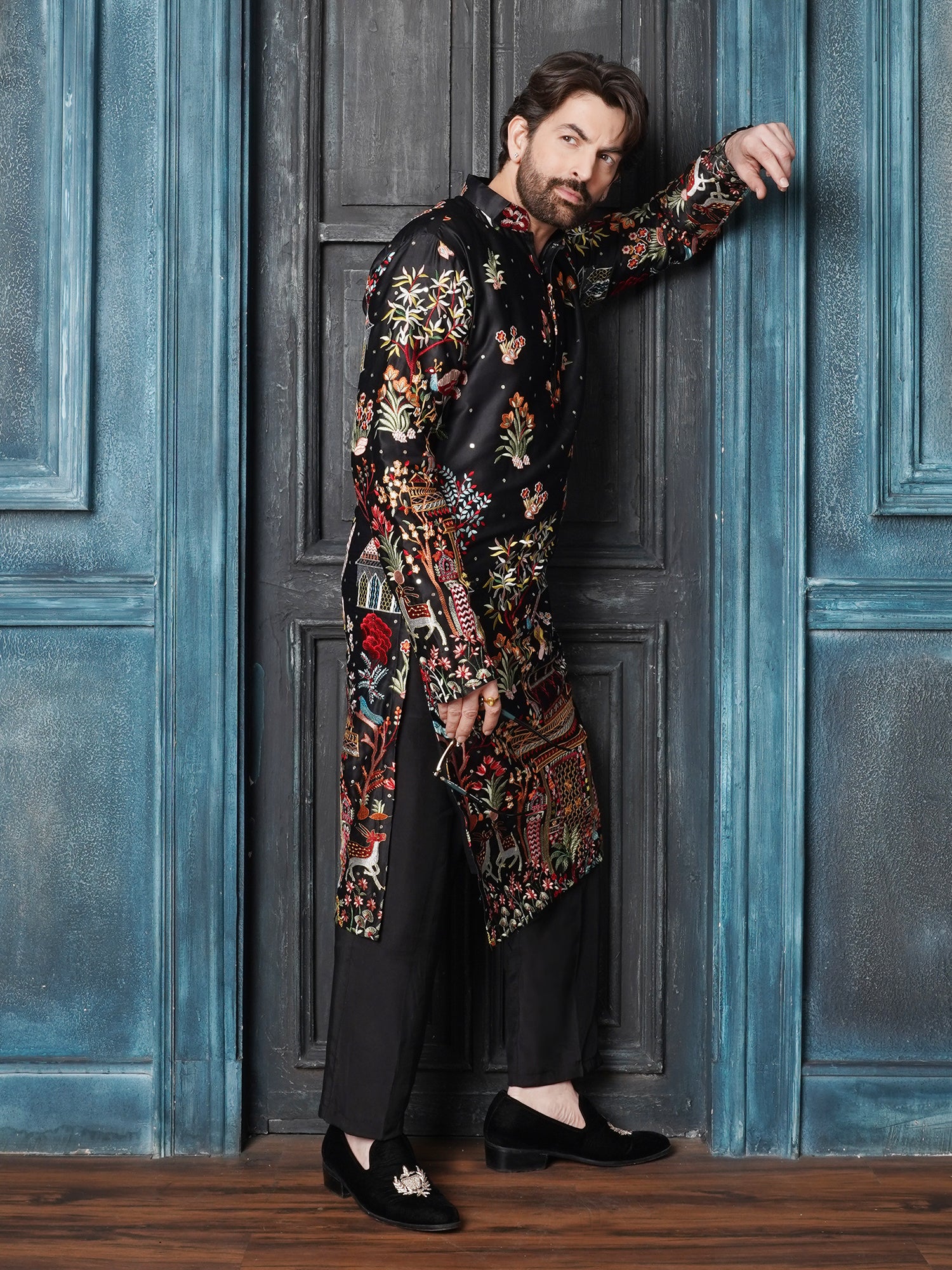 Neil Nitin Mukesh in Men's Cotton Satin Persian Embroidered Black & Multi Long Kurta