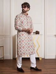 Men's Cotton Blend Floral Design Cream Only Long Kurta