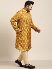 Men's Jacquard Silk Mustard Self Design Only Long Kurta