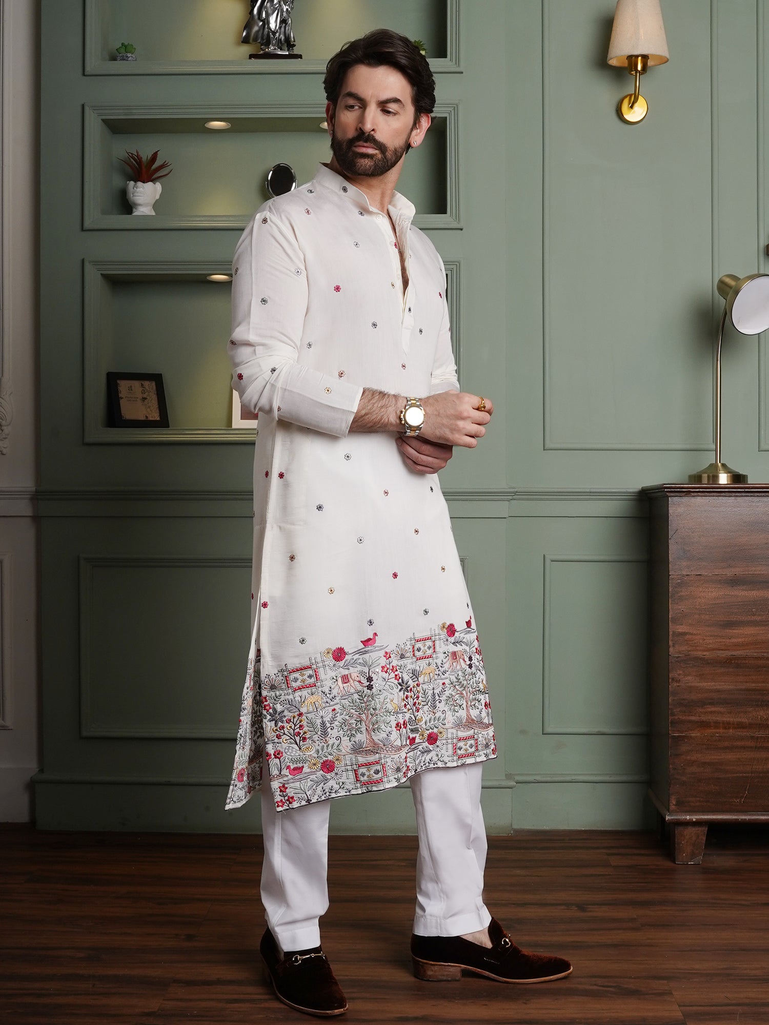 Men's Cotton Silk Daman Embroidered White Kurta With White Pyjama
