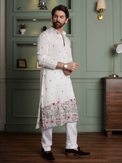 Men's Cotton Silk Daman Embroidered White Kurta With White Pyjama