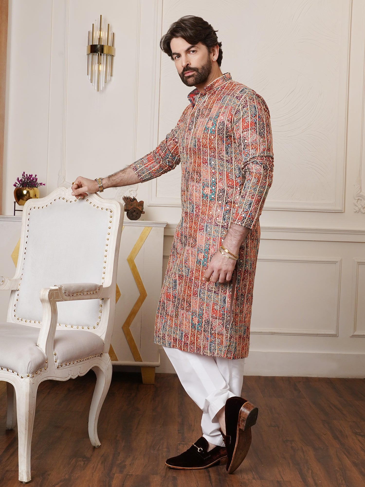 Neil Nitin Mukesh in Men's Cotton Silk Gold Thread Floral Embroidered Multicolor Only Long Kurta