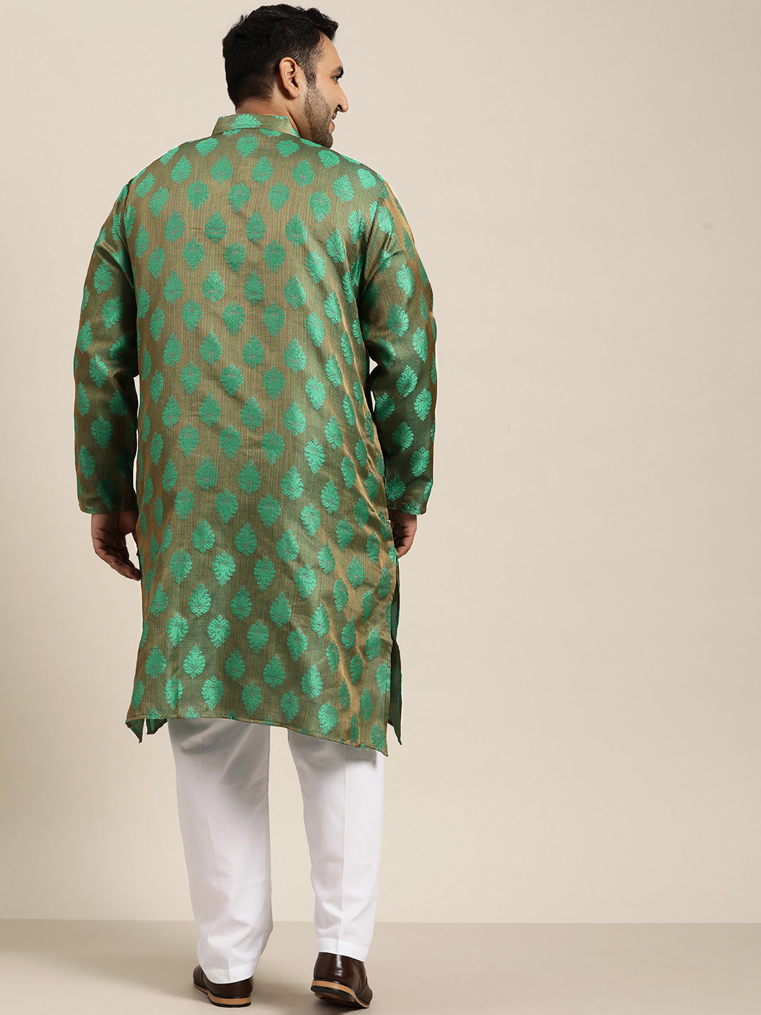 Men's Jacquard Silk Dark Green Self Design Only Long Kurta