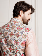 Men's Silk Blend Pink Kurta and Off-White Pyjama With Cream Nehru Jacket