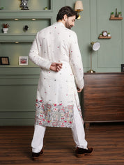 Men's Cotton Silk Daman Embroidered White Kurta With White Pyjama