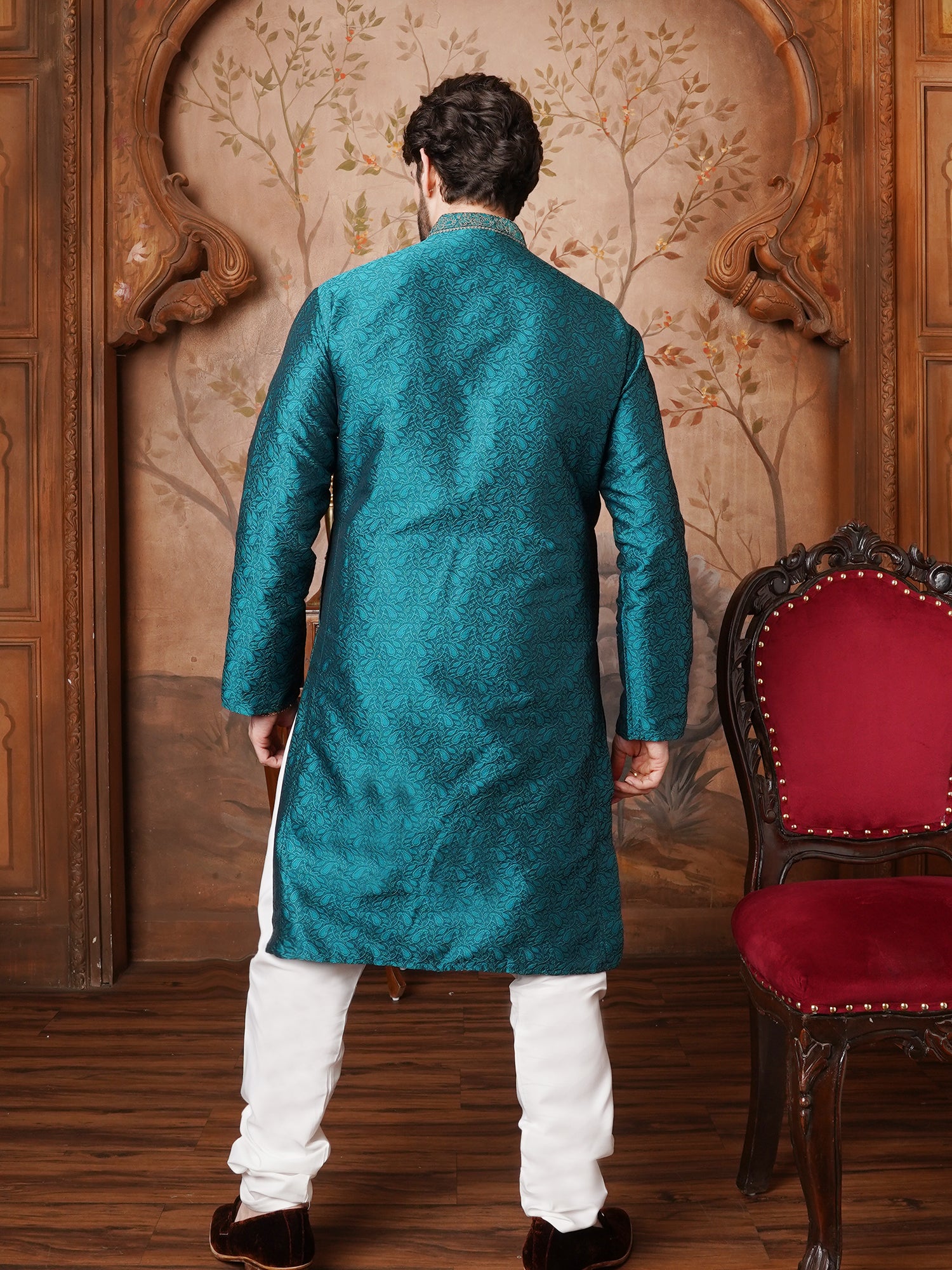 Men's Silk Blend Paisley design Teal Green Kurta With Cream Churidaar Pyjama