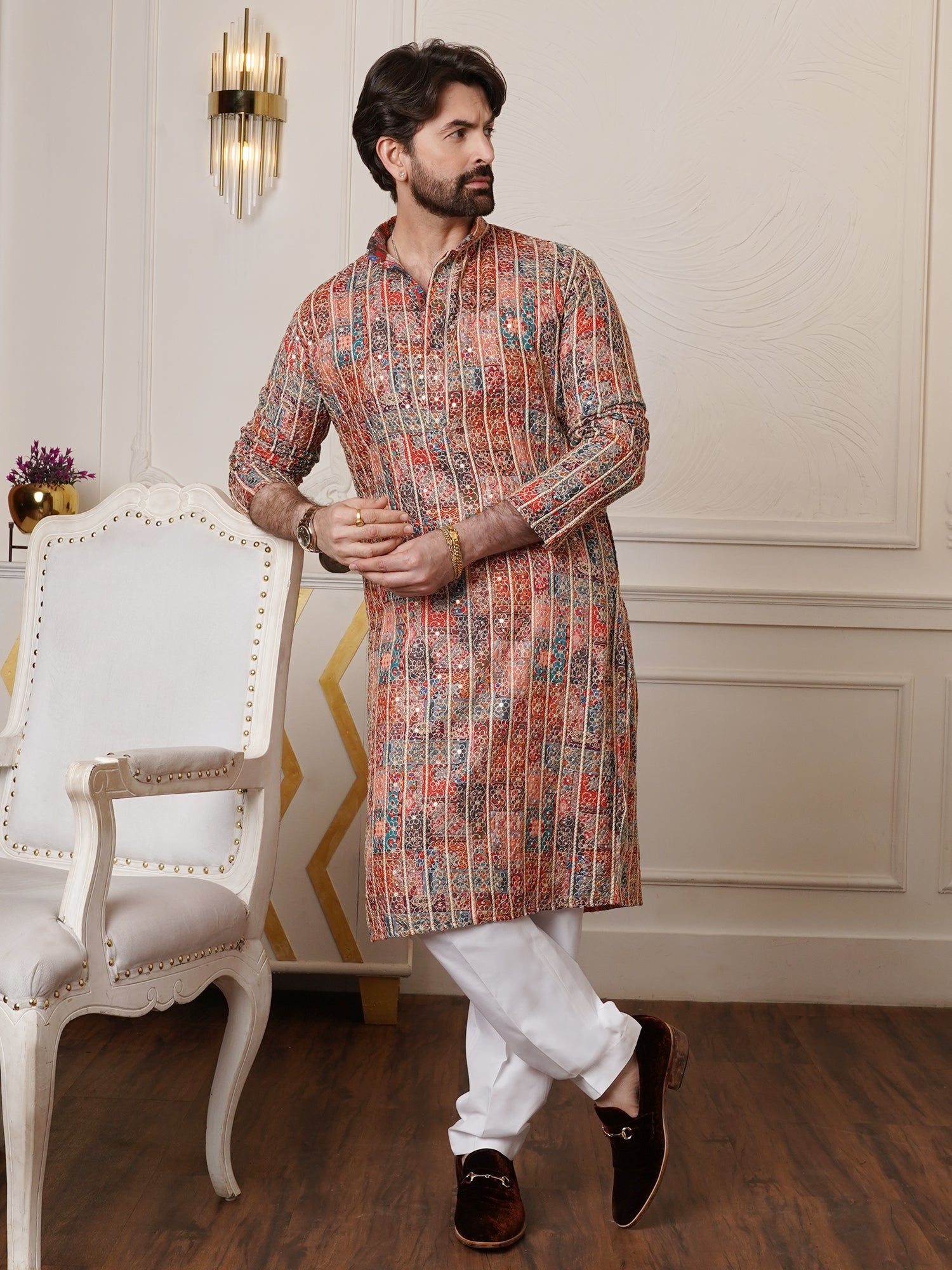 Men's Cotton Silk Gold Floral Embroidered Multicolor Kurta With White Pyjama