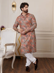 Men's Cotton Silk Gold Floral Embroidered Multicolor Kurta With White Pyjama