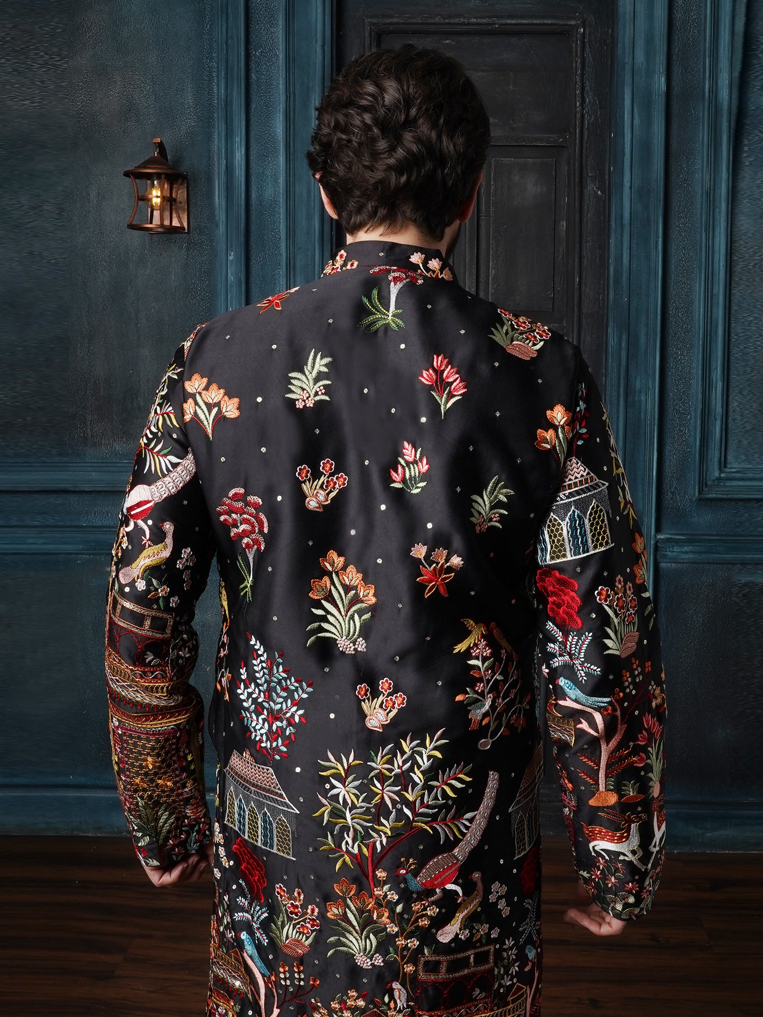 Neil Nitin Mukesh in Men's Cotton Satin Persian Embroidered Black & Multi Long Kurta