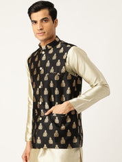 Mens Silk Blend Self Design Black Nehru Jacket