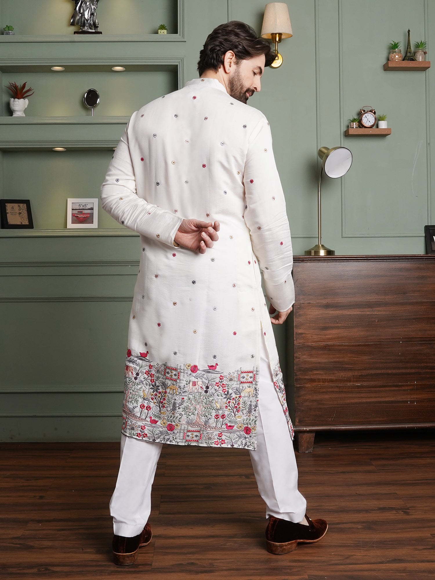 Men's Cotton Silk Exquisite Daman Embroidered White Long Kurta