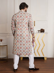 Men's Cotton Blend Floral Design Cream Only Long Kurta