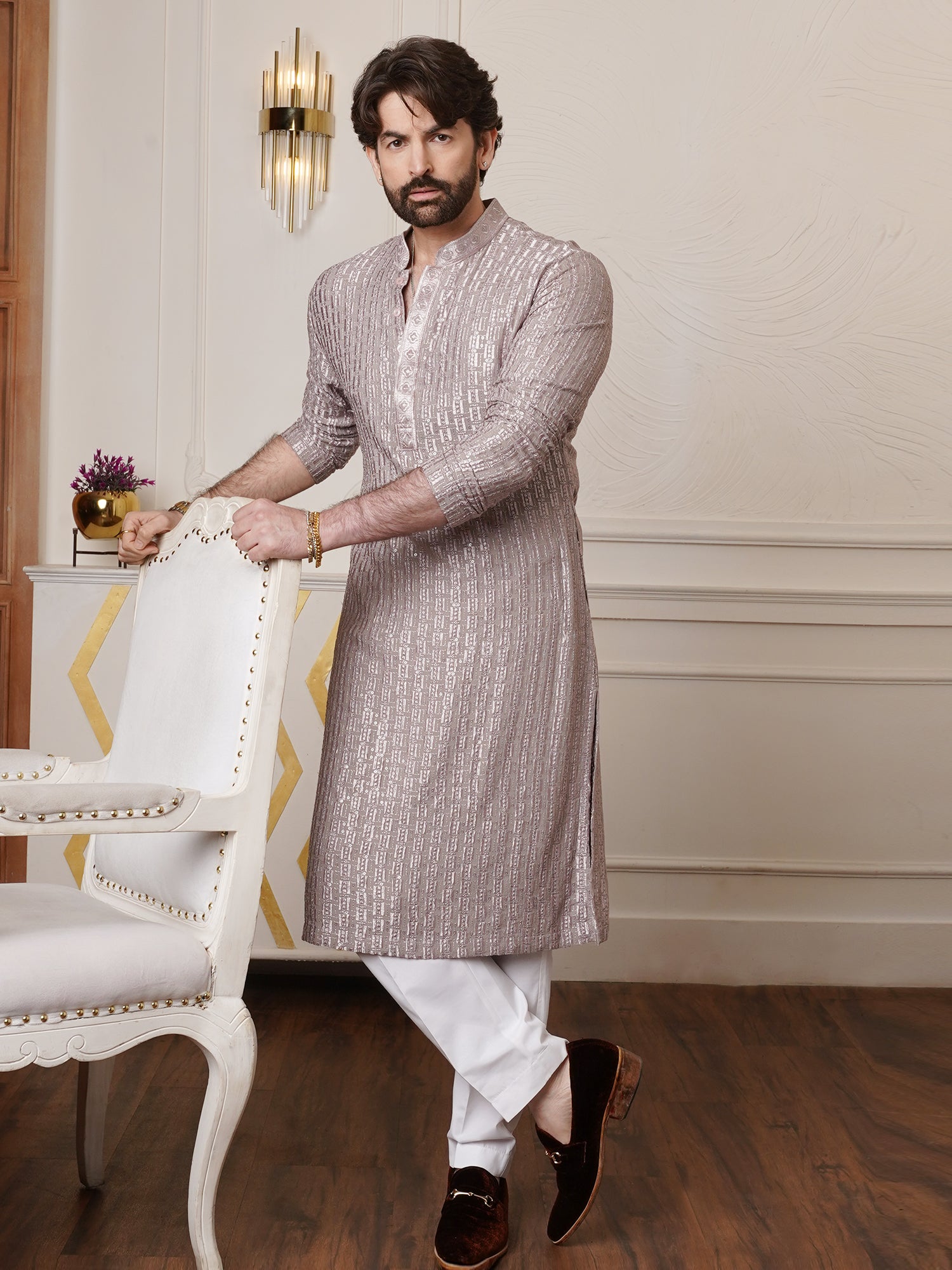 Men's Cotton Rayon Shiny Thread Sequinned Brown Kurta With White Pyjama