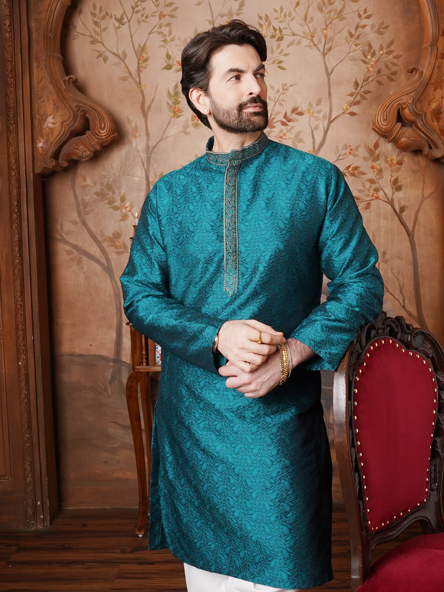 Men's Silk Blend Paisley design Teal Green Kurta With Cream Churidaar Pyjama