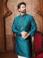 Men's Silk Blend Paisley design Teal Green Kurta With Cream Churidaar Pyjama