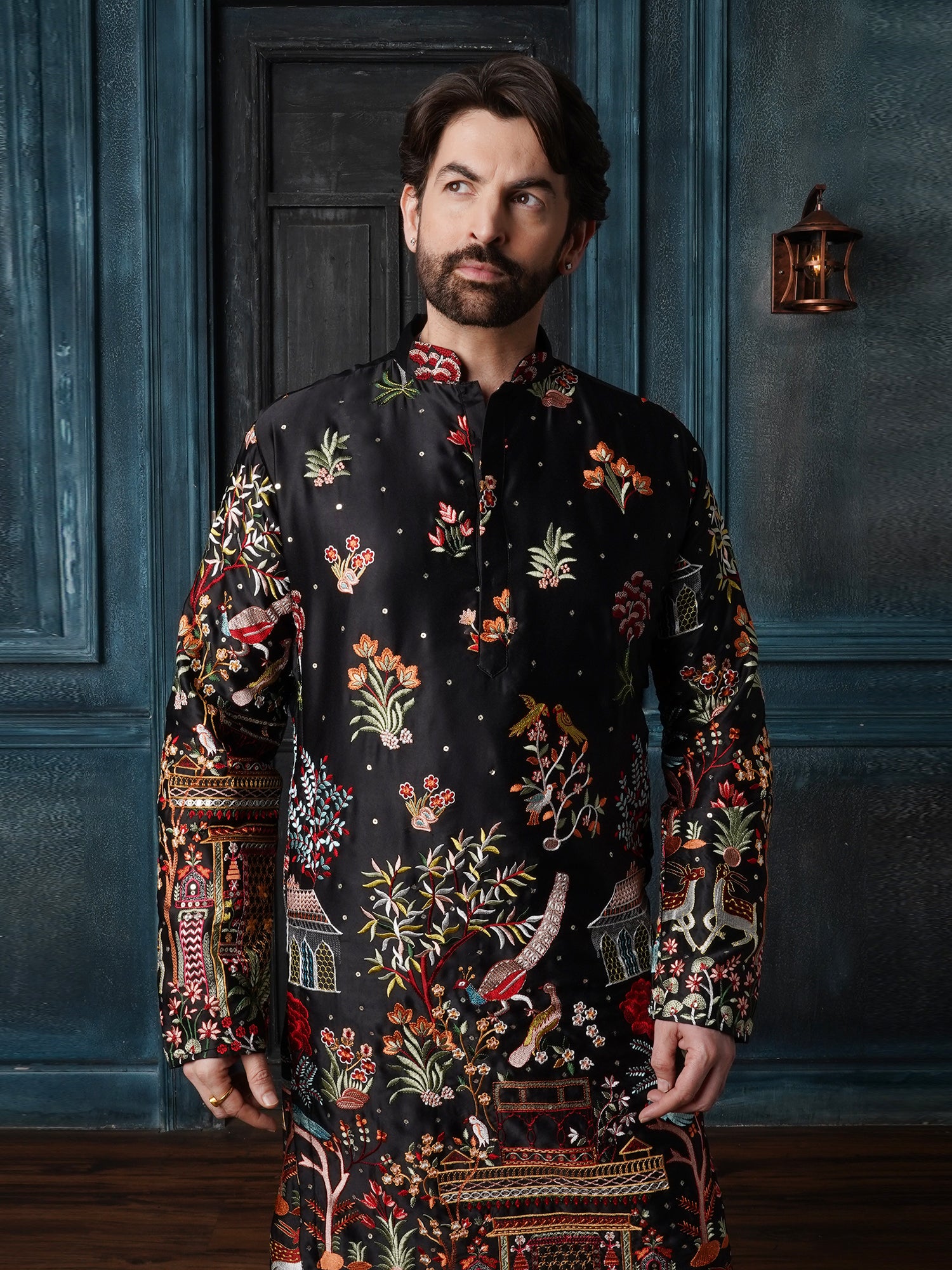 Men's Cotton Satin Persian Embroidered Black Kurta with Black Trouser