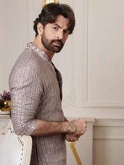 Men's Cotton Rayon Shiny Thread Sequinned Brown Kurta With White Pyjama