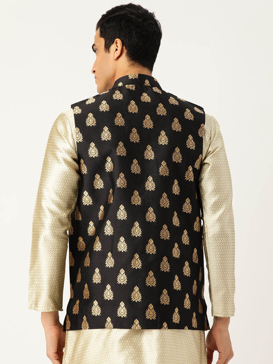 Mens Silk Blend Self Design Black Nehru Jacket