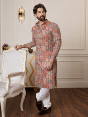 Men's Cotton Silk Gold Floral Embroidered Multicolor Kurta With White Pyjama