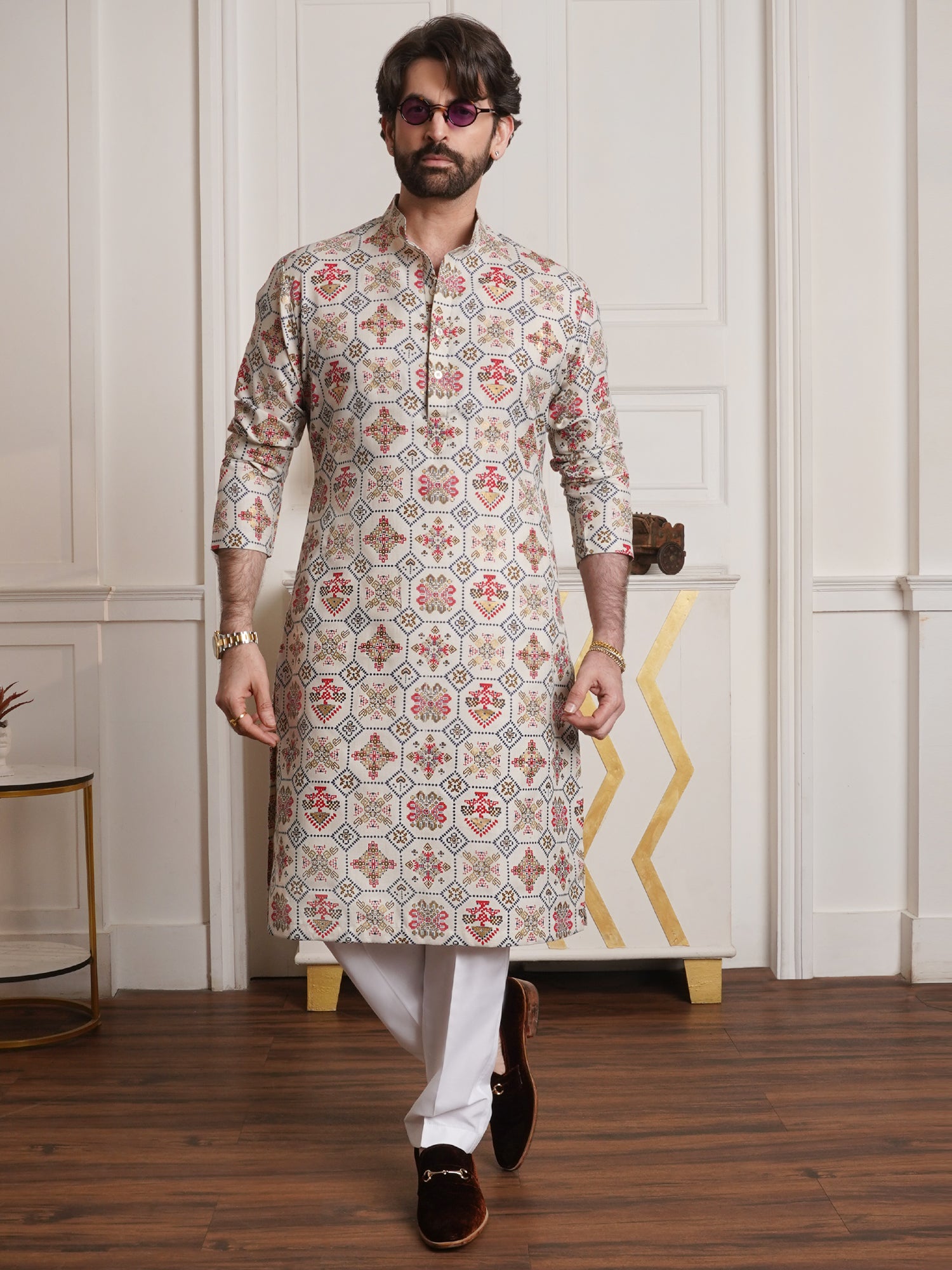 Men's Cotton Blend Floral Design Cream Only Long Kurta