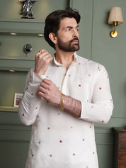 Men's Cotton Silk Exquisite Daman Embroidered White Long Kurta
