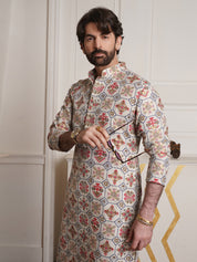 Men's Cotton Blend Cream Kurta and Churidar Pyjama Set
