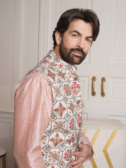 Men's Silk Blend Pink Kurta and Off-White Pyjama With Cream Nehru Jacket