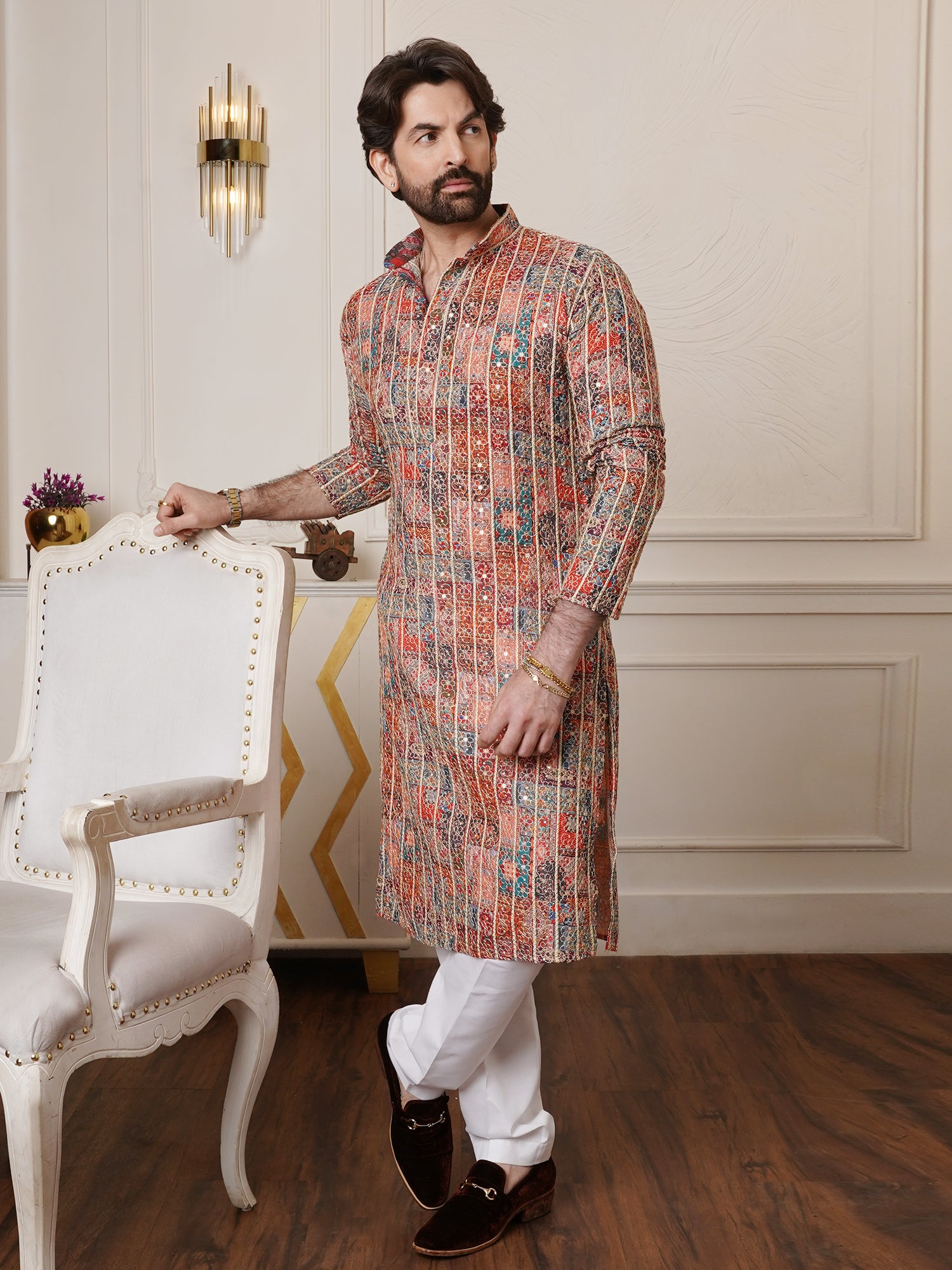 Neil Nitin Mukesh in Men's Cotton Silk Gold Thread Floral Embroidered Multicolor Only Long Kurta