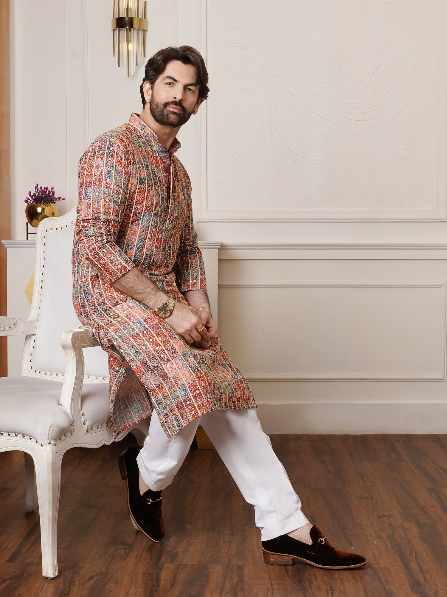 Men's Cotton Silk Gold Floral Embroidered Multicolor Kurta With White Pyjama