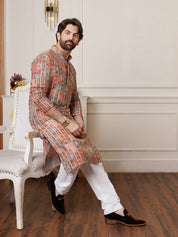 Men's Cotton Silk Gold Floral Embroidered Multicolor Kurta With White Pyjama