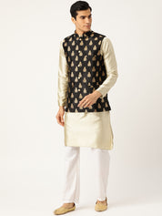 Mens Silk Blend Self Design Black Nehru Jacket