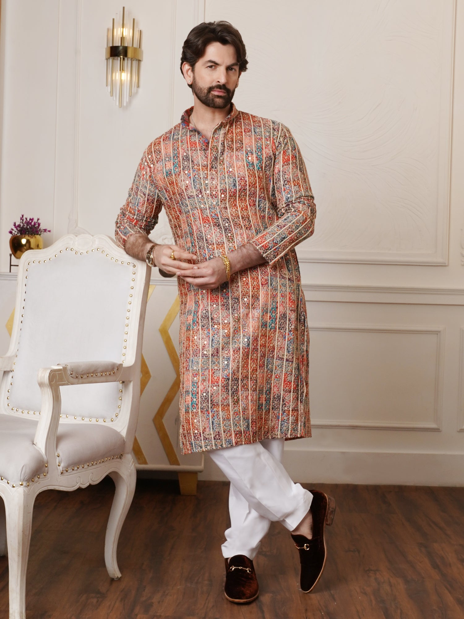 Neil Nitin Mukesh in Men's Cotton Silk Gold Thread Floral Embroidered Multicolor Only Long Kurta