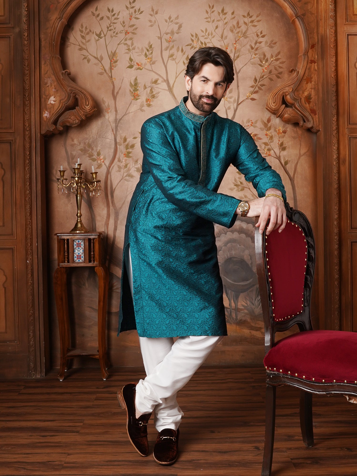 Men's Silk Blend Paisley design Teal Green Kurta With Cream Churidaar Pyjama