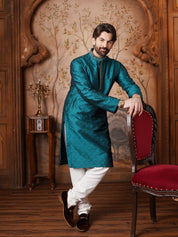 Men's Silk Blend Paisley design Teal Green Kurta With Cream Churidaar Pyjama