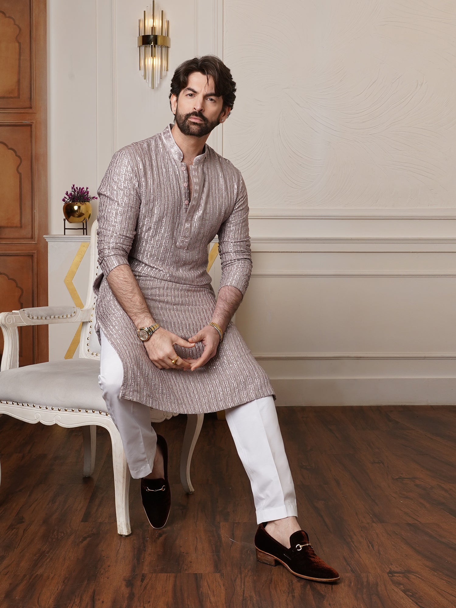 Men's Cotton Rayon Shiny Thread Sequinned Brown Kurta With White Pyjama