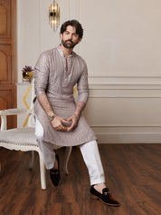 Men's Cotton Rayon Shiny Thread Sequinned Brown Kurta With White Pyjama