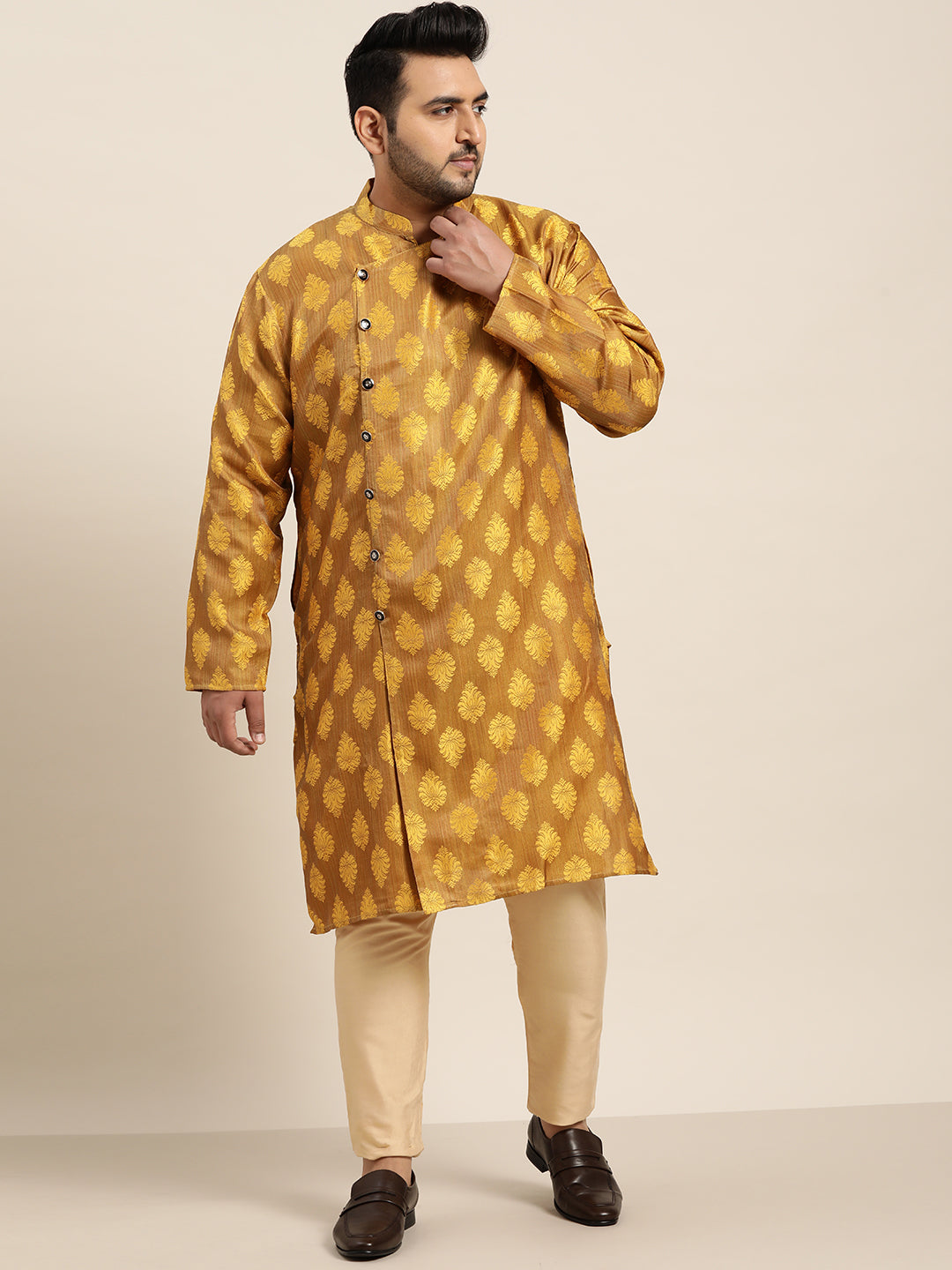 Men's Jacquard Silk Mustard Self Design Only Long Kurta