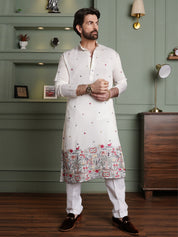 Men's Cotton Silk Daman Embroidered White Kurta With White Pyjama