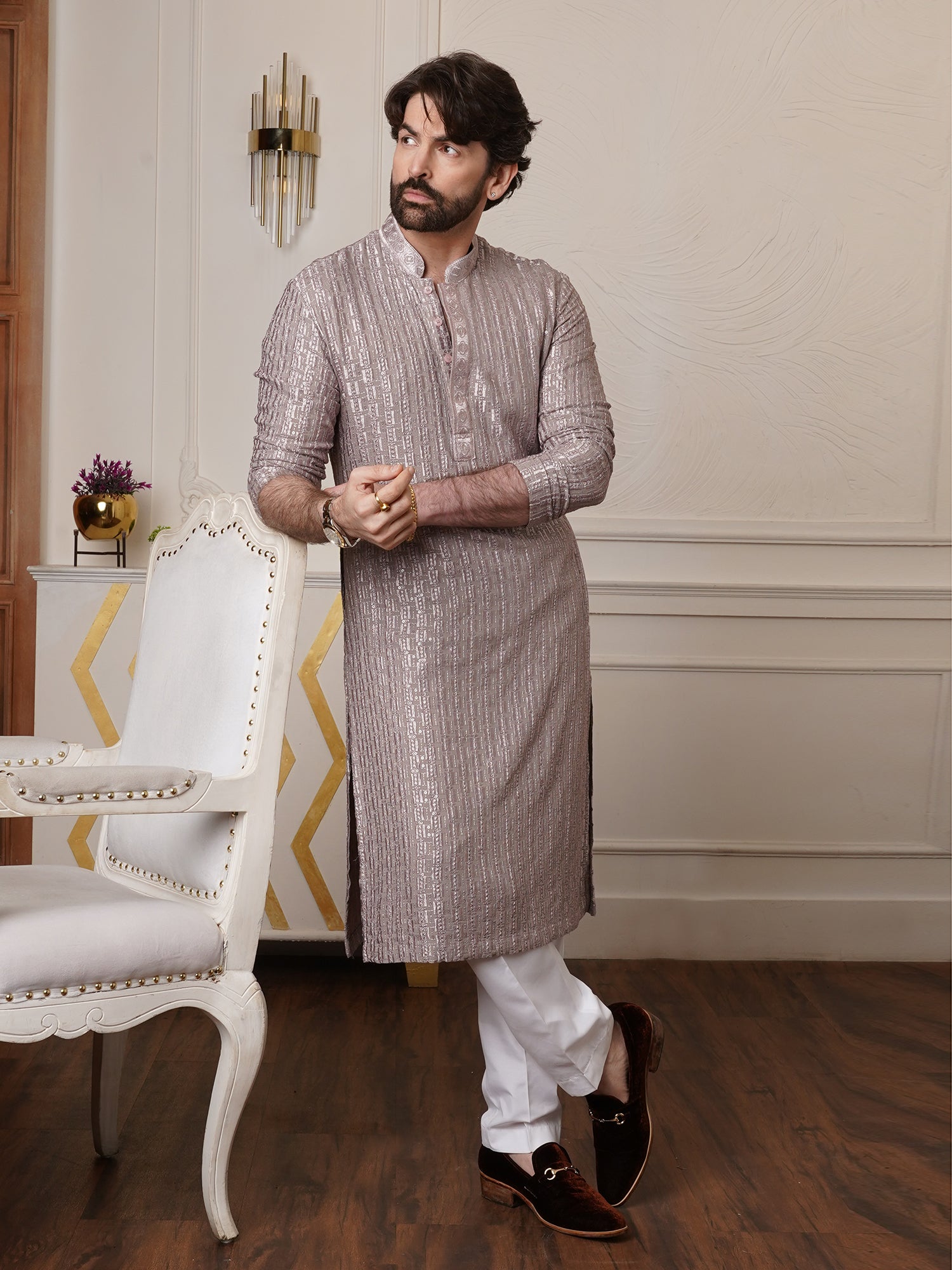 Men's Cotton Rayon Shiny Thread Sequinned Brown Only Long Kurta