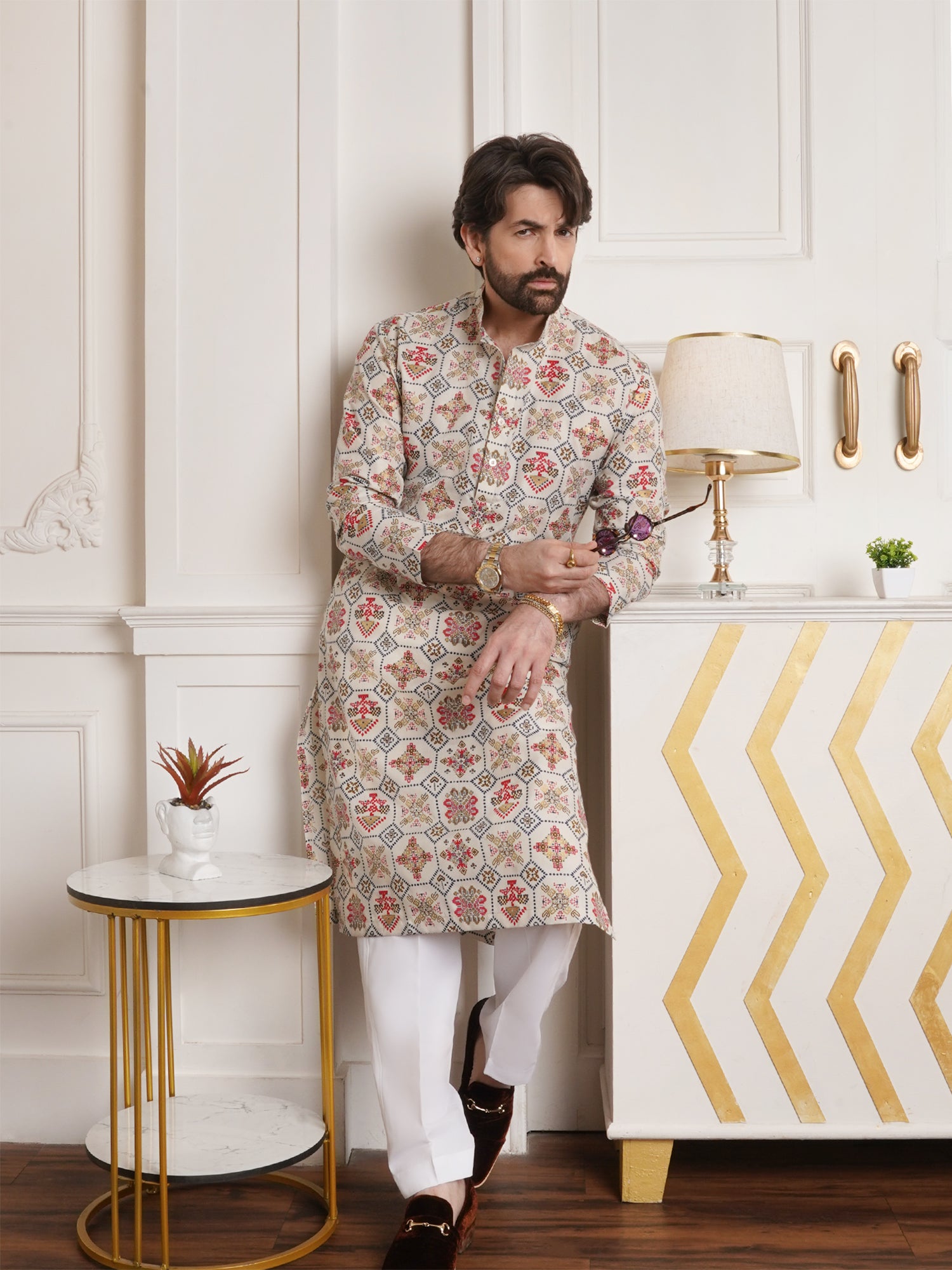 Men's Cotton Blend Floral Design Cream Only Long Kurta