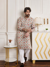 Men's Cotton Blend Floral Design Cream Only Long Kurta