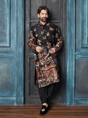 Men's Cotton Satin Persian Embroidered Black Kurta with Black Trouser