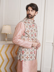 Men's Silk Blend Pink Kurta and Off-White Pyjama With Cream Nehru Jacket