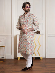 Men's Cotton Blend Cream Kurta and Churidar Pyjama Set
