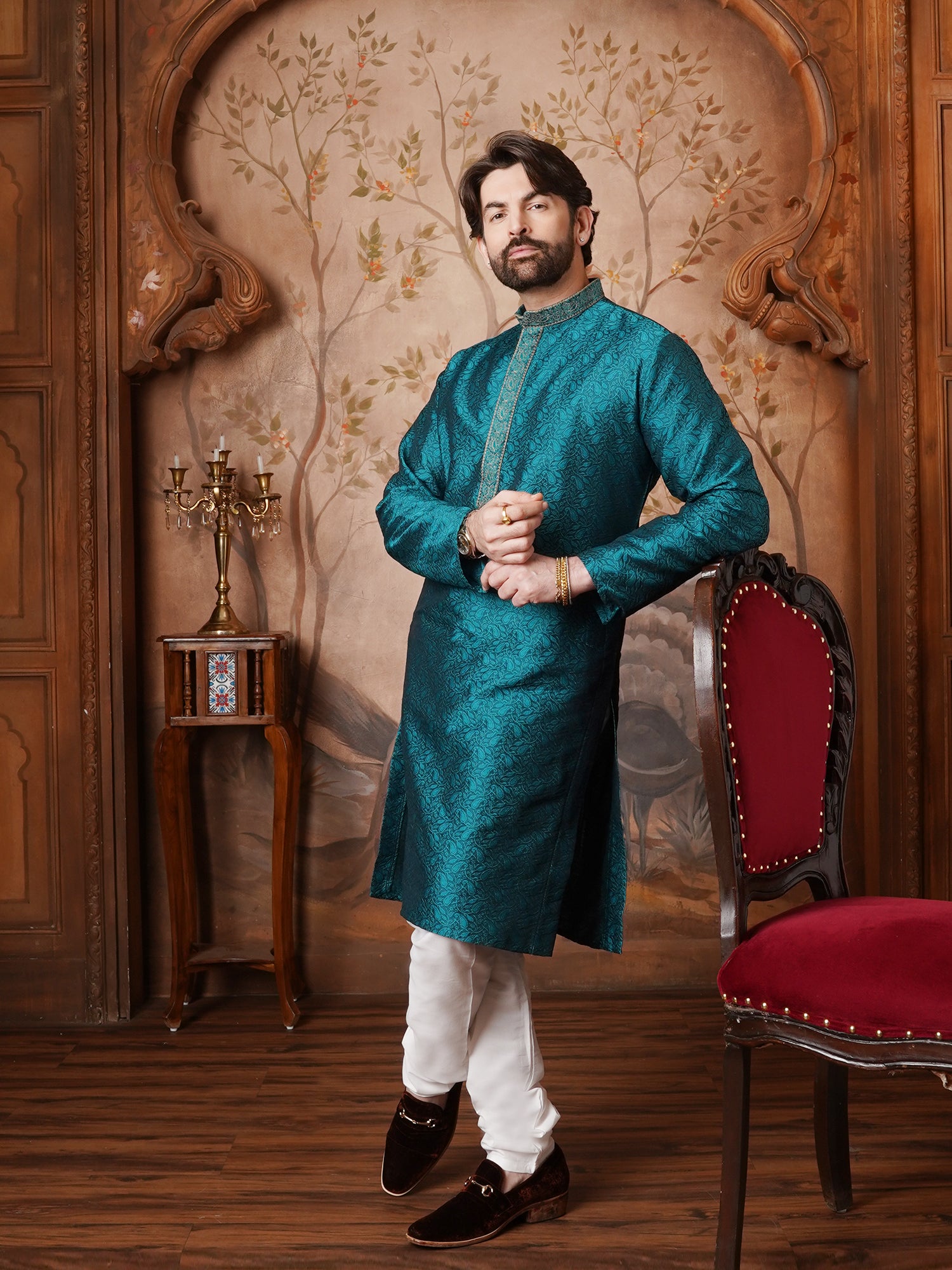 Men's Silk Blend Paisley design Teal Green Kurta With Cream Churidaar Pyjama