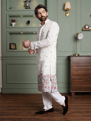 Men's Cotton Silk Daman Embroidered White Kurta With White Pyjama