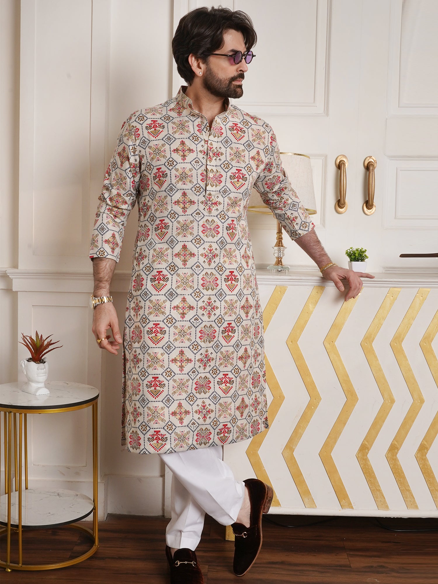 Men's Cotton Blend Floral Design Cream Only Long Kurta