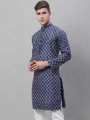 Men's Silk Blend Navy Blue Kurta with Multi Color embroidery