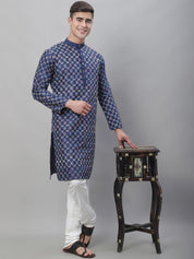 Men's Silk Blend NavyBlue Kurta With Multi Color Embroidery and Off-White Pyjama